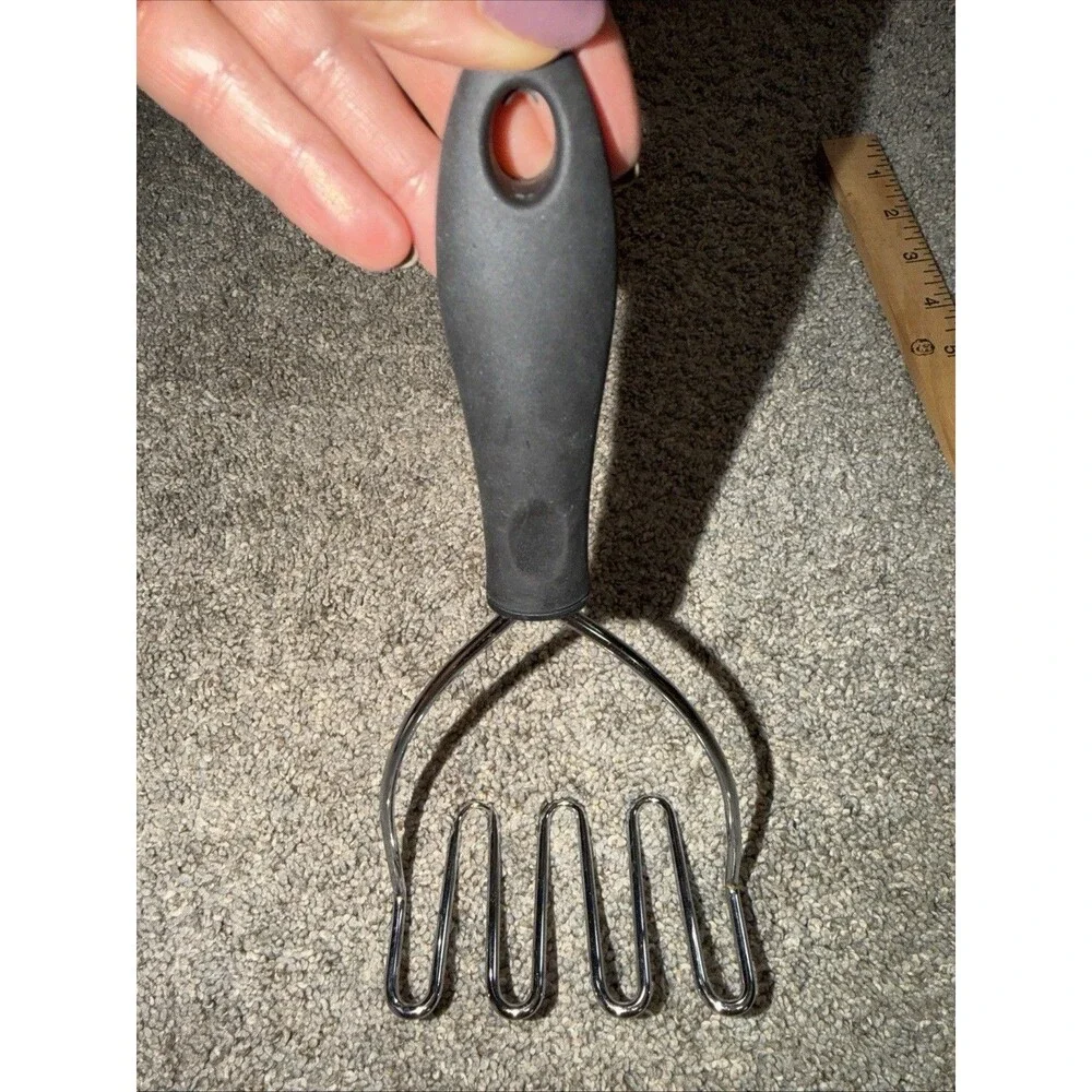 Vtg?  Hand Potato Masher Stainless Steel Black RubberyHandle 9.5” Heavy Duty